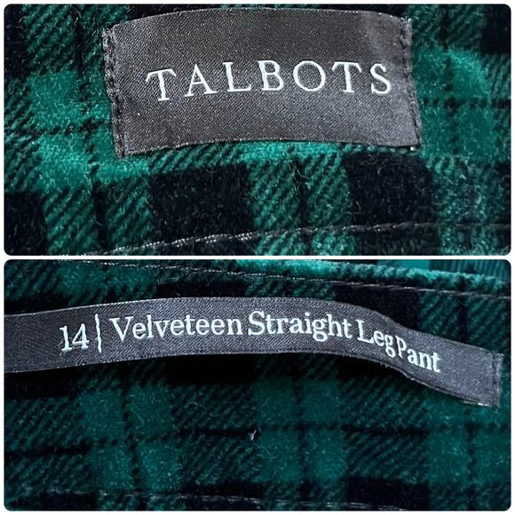 Talbots Size 14 Green Holiday Plaid Velveteen Straight Leg Pant 30 Inch Inseam - Picture 13 of 14